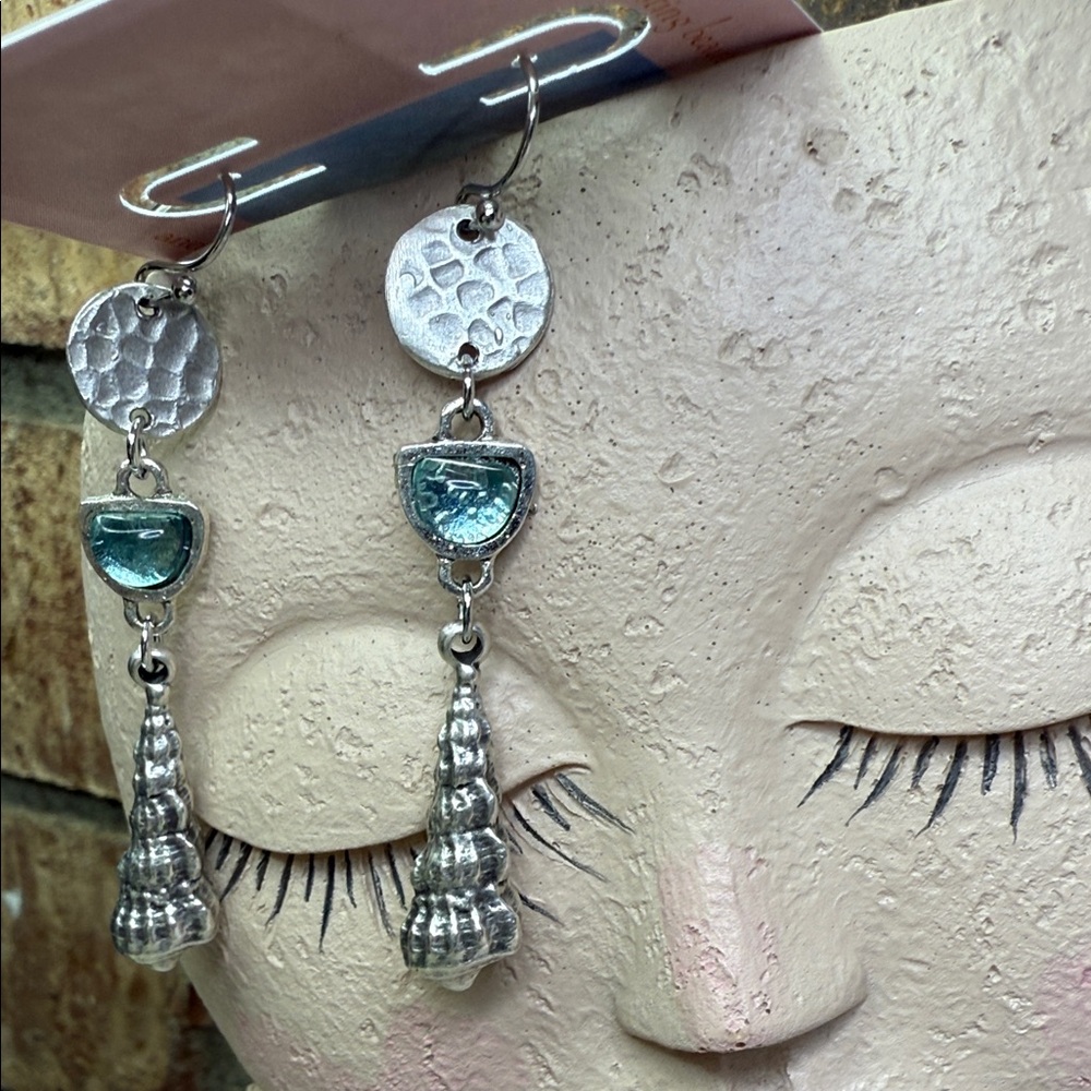 Seashell Silver Tone Dangle Earrings - image 2